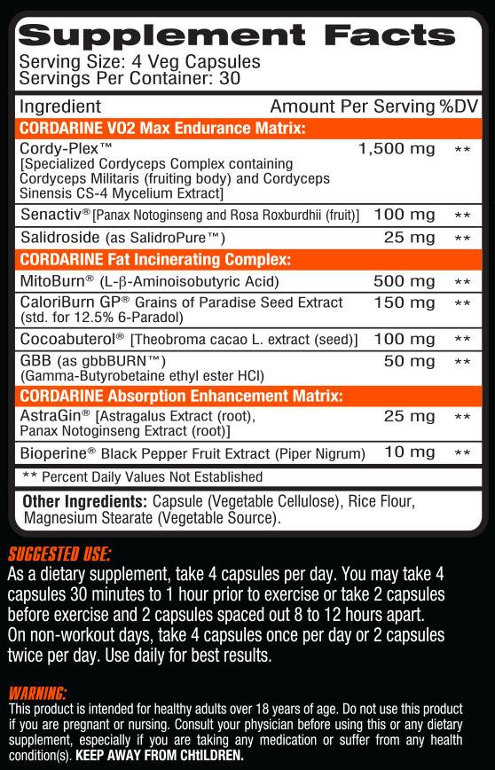 Cordarine by CEL - Supplement Facts Nutrition Panel