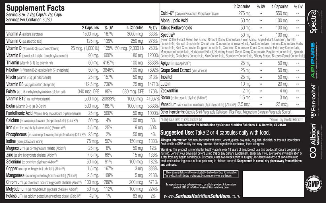 Multi XT by SNS - Supplement Facts Nutrition Panel