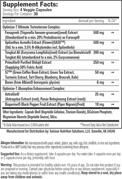 Optimize-T by Serious Nutrition Solutions - Supplement Facts